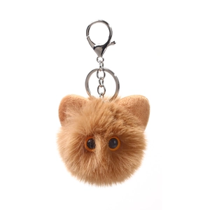 Cute 8cm ginger plush cat head keychain with soft faux fur and silver metal lobster clasp
