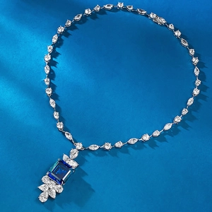 Luxury 925 silver necklace with a large royal blue square pendant and sparkling crystals
