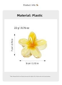 Detailed size chart of the frangipani flower hair claw clip with 8cm width and 7cm height