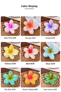 Nine colorful 8cm tropical plumeria flower hair claws arranged in a display grid
