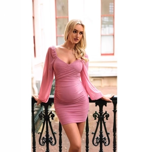 Vestito Da Maternità In Rete Arricciato Vestibilità Aderente Elegante Scollo A V Maniche Lunghe Lanterna Moda Per Donne Incinte