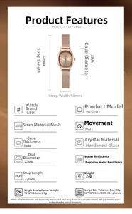 Detailed specs of rose gold oval watch showing 22mm case size and stainless steel mesh band