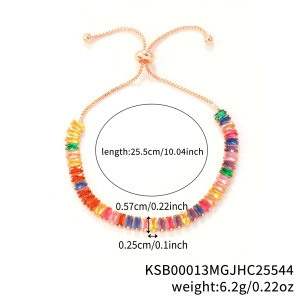 Rainbow crystal tennis bracelet in rose gold with adjustable pull chain and dimensions