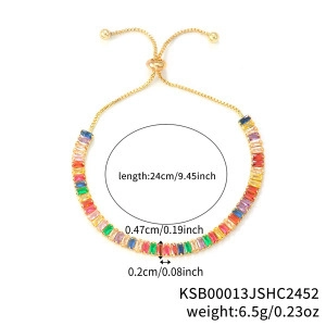 Detail of colorful rainbow zircon tennis bracelet with adjustable gold slider clasp