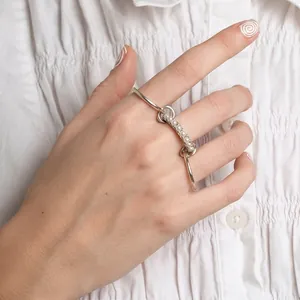 Stainless Steel Interconnected Rings For Women With Faux Artificial Pearl Embellishment Stackable Multi Layer Finger Jewelry Elegant