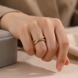 French Niche Design Stainless Steel 18K Gold Plated Cross Rhinestone Open Ring For Women Adjustable Minimalist Jewelry