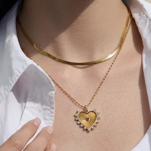Elegant Heart Pendant Necklace Stainless Steel With Red Gemstone And Rhinestone Gold Color Waterproof For Women