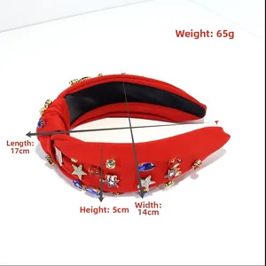 Detail of red knotted headband with US flag rhinestones, size 17x14x5cm, weighing 65g