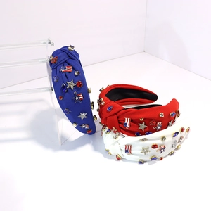 Three-piece knotted headbands with American flag elements and colorful rhinestones