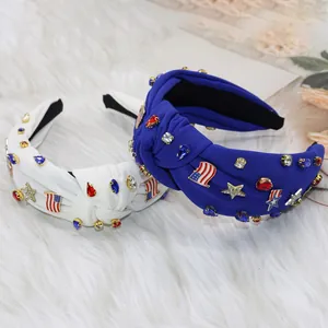 American flag knotted headbands set with rhinestones and stars on white faux fur