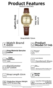 Detailed technical specifications for the GEDI square gold watch with brown leather strap