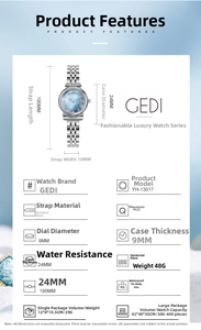 Detailed specs of the vintage silver steel watch with a blue Roman numeral sunray dial