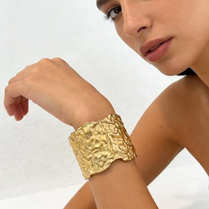 Geometric Wrinkled Metal Cuff Bracelet Stainless Steel Irregular Texture Wide Bangle Retro Niche Fashion Jewelry Women