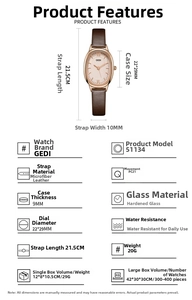 Detail specifications of GEDI luxury oval rose gold watch with brown leather strap