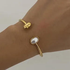 Minimalist Stainless Steel Open Bangle Bracelet Faux Artificial Pearl Bean Decor Waterproof Hypoallergenic Gold Plated For Women