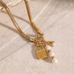 Stainless Steel Letter A Artificial Pearl Padlock Pendant Necklace Gold Plated Snake Chain Waterproof Trendy Jewelry For Women