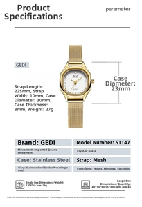 Detailed specs of Gedi gold mesh strap watch with stainless steel case dimensions