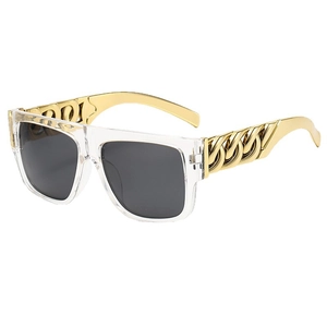 Fashion oversized sunglasses featuring luxurious thick gold chain link arms on white background
