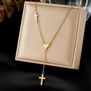 Gold-plated Y-shaped stainless steel necklace with heart link and double cross pendants