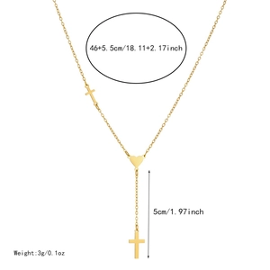 Detailed dimensions of the gold stainless steel necklace with heart and cross pendants