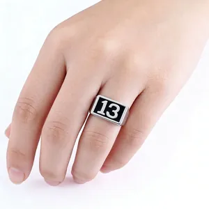Lucky 13 Stainless Steel Signet Ring For Men Punk Gothic Biker Jewelry Black Enamel Rectangular Face