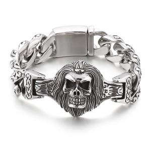 Vintage gothic skull and lion mane embossed stainless steel Cuban chain bracelet for men