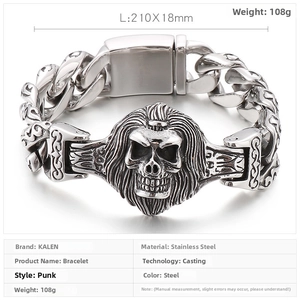 Detail view of punk skull link bracelet in vintage stainless steel showing 18mm width
