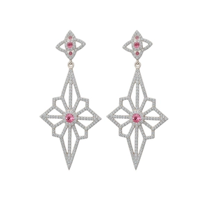 Elegant silver needle rhombus earrings with pavé diamonds and pink crystals.