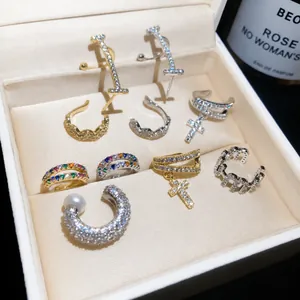 Elegant collection of zircon ear cuffs with cross and pearl details for non-pierced ears
