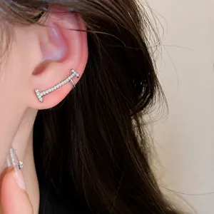 Sparkling zircon curved bar ear cuff for non-pierced ears shown on model close up