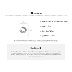 Detailed specifications for C-shaped zircon ear cuff with imitation pearl measurements