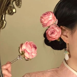Handmade Pink Rose Flower Hair Fork Fabric Floral Hair Stick For Women Vacation Beach Elegant Vintage Headpiece Hair Accessories