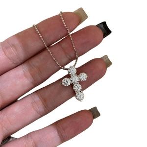 Elegant zircon cross pendant necklace featuring a delicate silver-tone bead chain for women