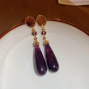 Pendientes De Gota De Resina Morada Vintage Francés Con Poste De Plata Esterlina 925 Aleación Strass Joyería Elegante