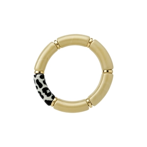 Elegant retro acrylic patchwork bracelet with leopard print segments and gold spacers.