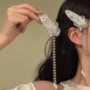 Élégante Pince à Cheveux Fleur en Verre Transparent Avec Gland et Perle Artificielle pour Femme Bijoux de Banquet
