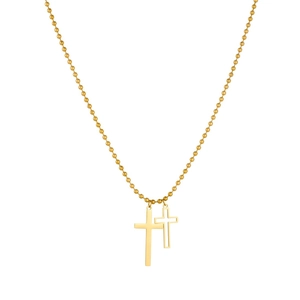 Macro view of double cross pendants on a gold bead chain, showing solid and hollow designs.