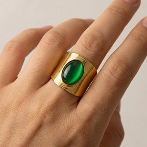Anello Aperto a Fascia Larga in Acciaio Inossidabile Vintage Francese Con Motivo a Raggiera Pietra Occhio di Gatto Verde Regolabile Per Donna