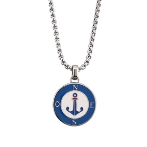 Nautische roestvrijstalen ketting met blauw emaille kompas en ankerhanger voor heren.