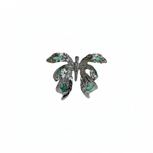 Elegant silver-tone textured butterfly open ring with green enamel accents for women