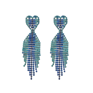 Orecchini a cuore in argento eleganti con nappe di cristalli blu brillanti moda