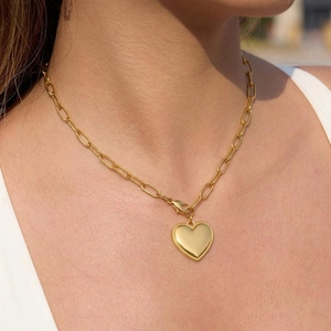 Heart Pendant Necklace Stainless Steel 18K Gold Plated Paperclip Chain Waterproof Tarnish Free Hypoallergenic Jewelry For Women