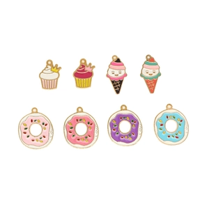 Set mit Cartoon-Dessert-Emaille-Anhängern wie Donuts und Cupcakes für DIY-Schmuck