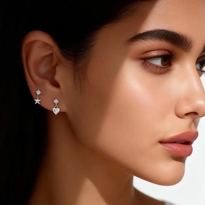 Detail of s925 silver heart and star screw earrings with sparkling zircons on model