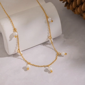 Elegant 18K gold plated titanium necklace with delicate white pearls for women