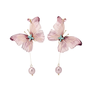 Elegant pink chiffon butterfly earrings featuring blue crystals and dangling pearl drops