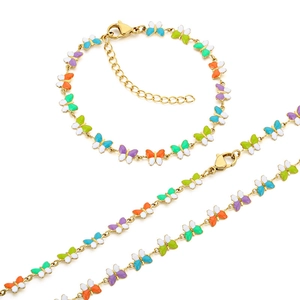 Conjunto de collar y pulsera de mariposas esmaltadas de colores en acero inoxidable.