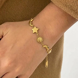 Sun Moon Star Charm Bracelet 18K Gold Plated Stainless Steel Celestial Jewelry Waterproof For Women