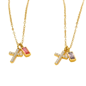 Gold-plated cross necklace with cubic zirconia and emerald-cut pink and purple gemstones