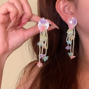 Handmade Floral Beaded Tassel Earrings For Women Beach Vacation Sweet Glass Bead Drop Earrings With Silver Earring Post Jewelry